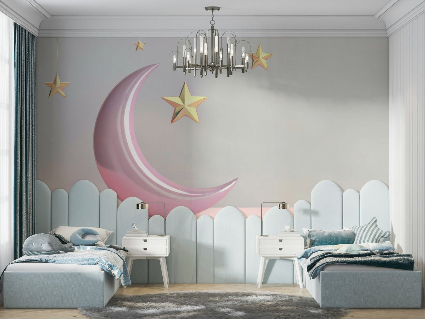 Enchanting Golden Dreams wall mural with pink moon


