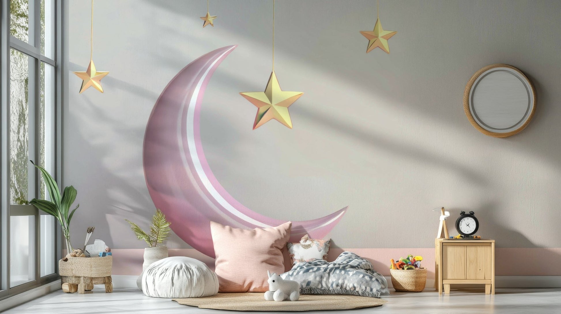 Magical Golden Dreams mural with pink moon design

