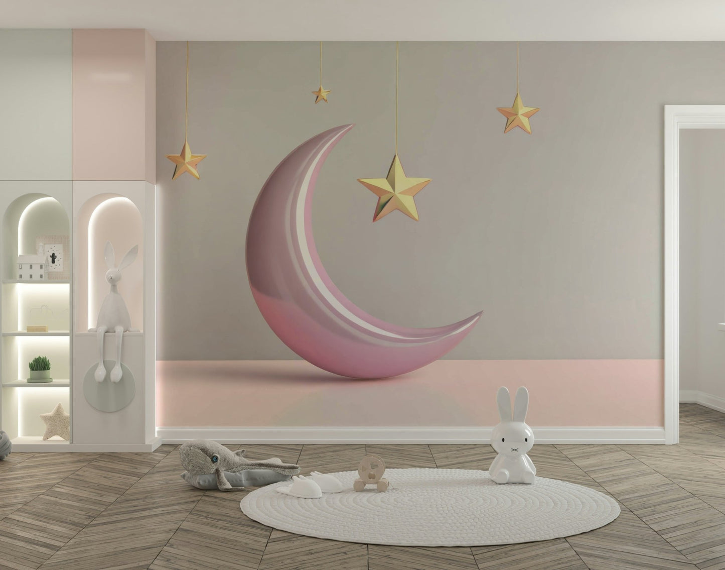 Whimsical Golden Dreams mural for peaceful living rooms

