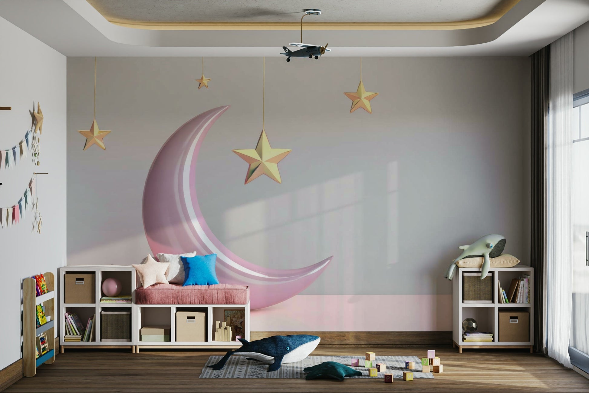 Celestial pink moon wall mural with golden accents

