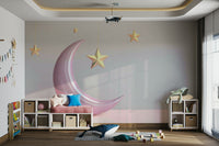 Celestial pink moon wall mural with golden accents


