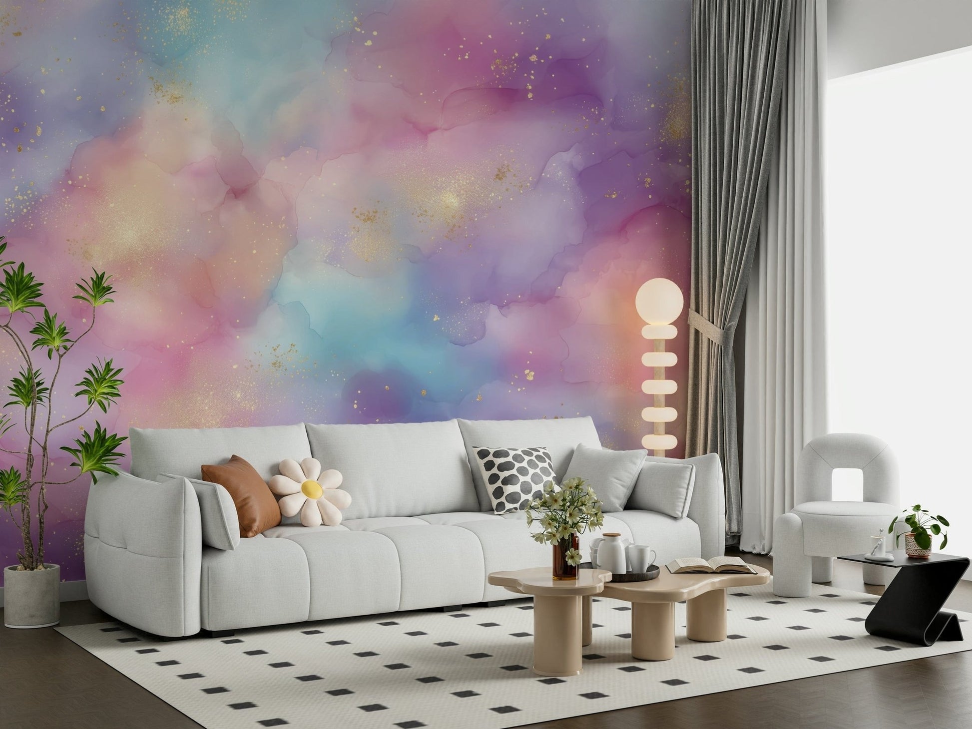 Golden dust fantasy wall mural in pastel watercolor clouds