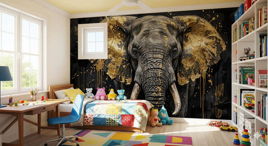 Bedroom styled in Golden Elephant wall mural with bold art