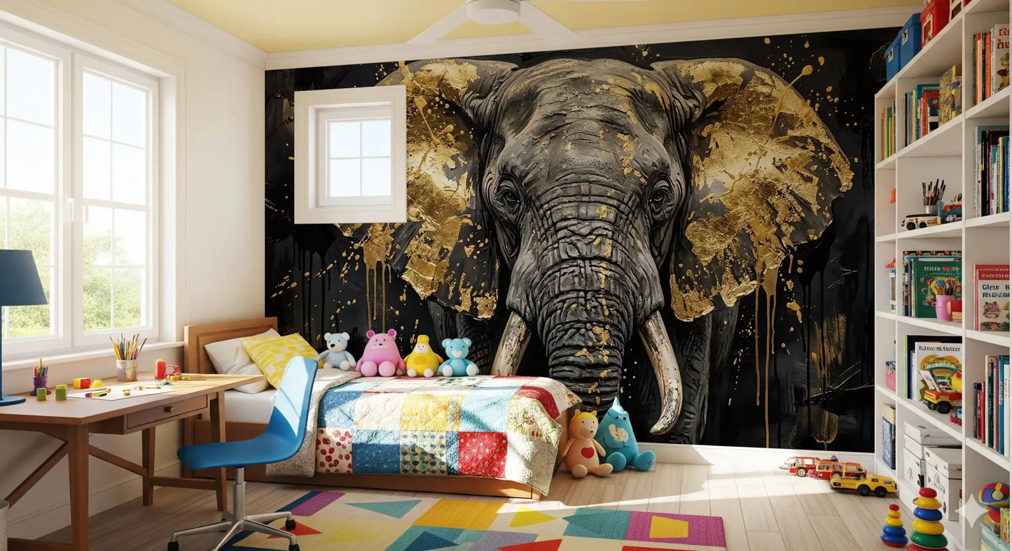 Bedroom styled in Golden Elephant wall mural with bold art