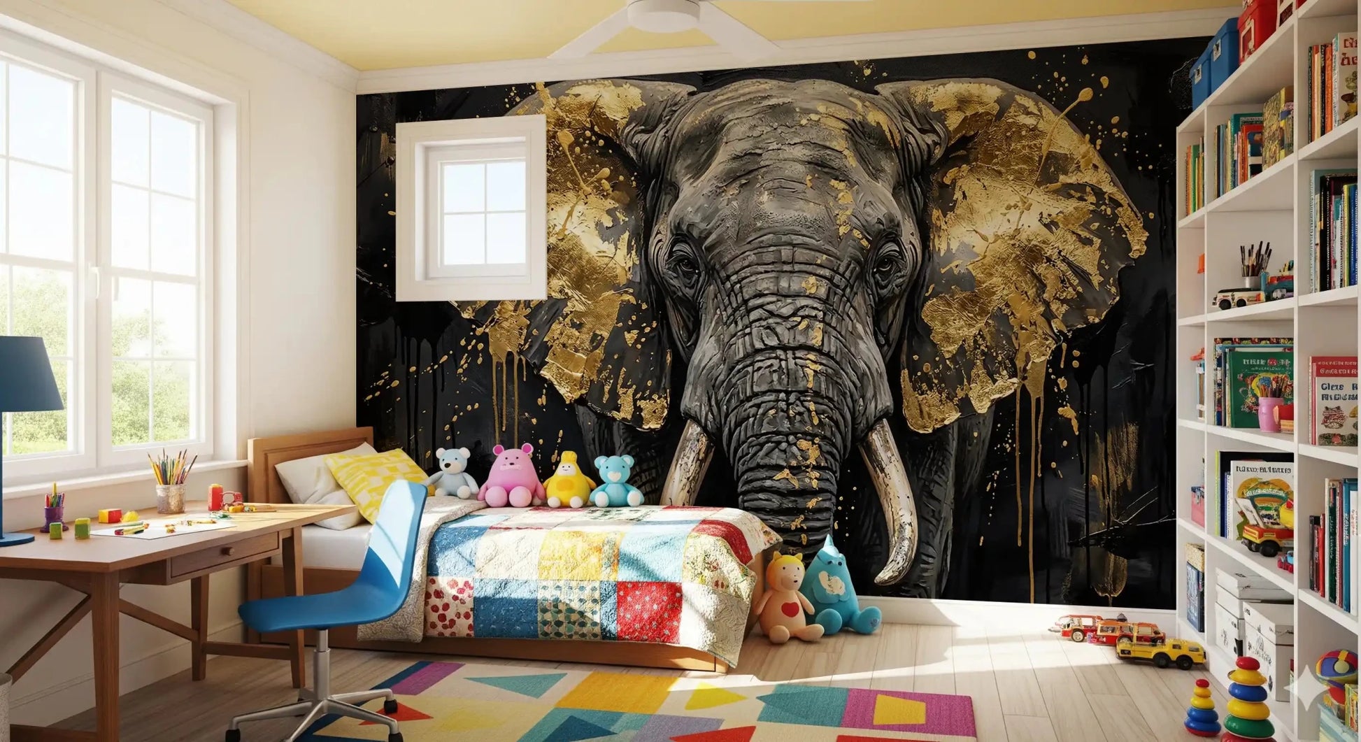 Bedroom styled in Golden Elephant wall mural with bold art