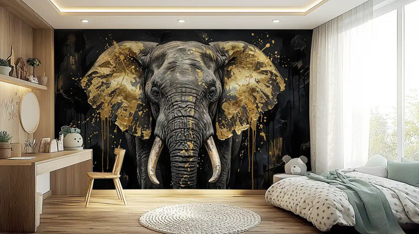 Textured Golden Elephant wall mural with metallic gold accents