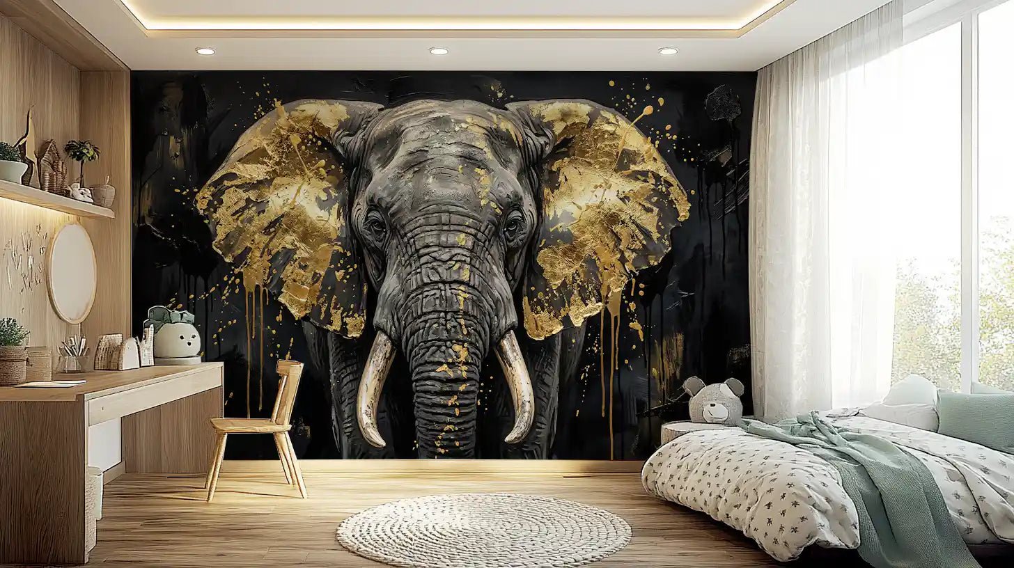 Textured Golden Elephant wall mural with metallic gold accents