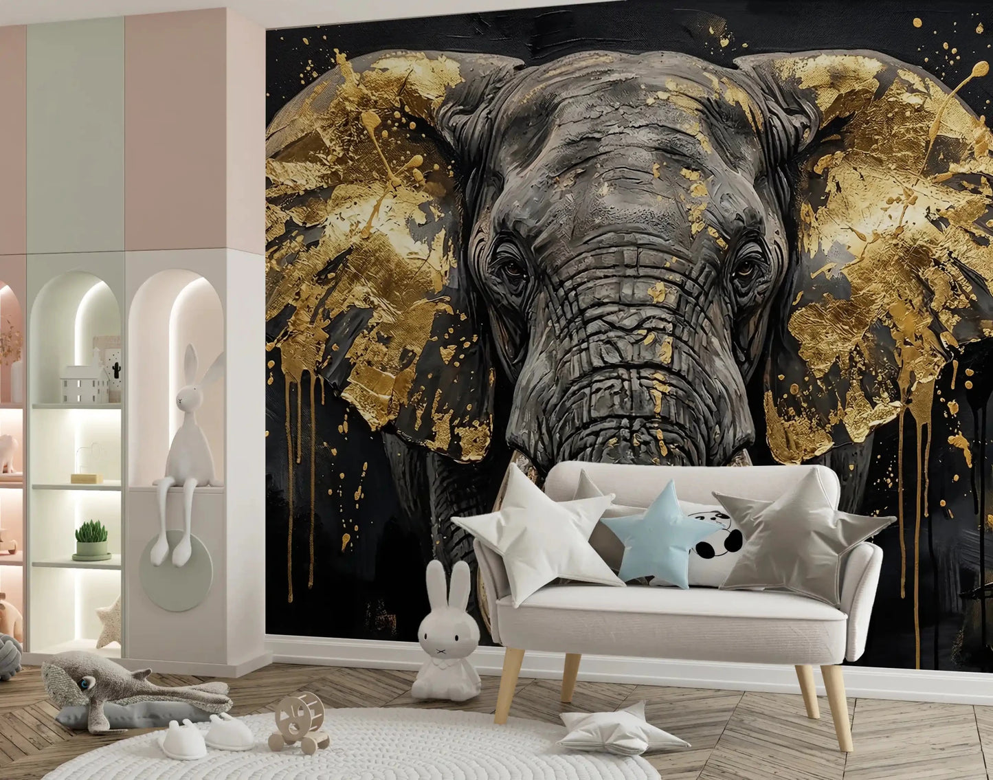 Black background Golden Elephant wall mural with bold detail