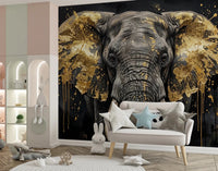 Black background Golden Elephant wall mural with bold detail