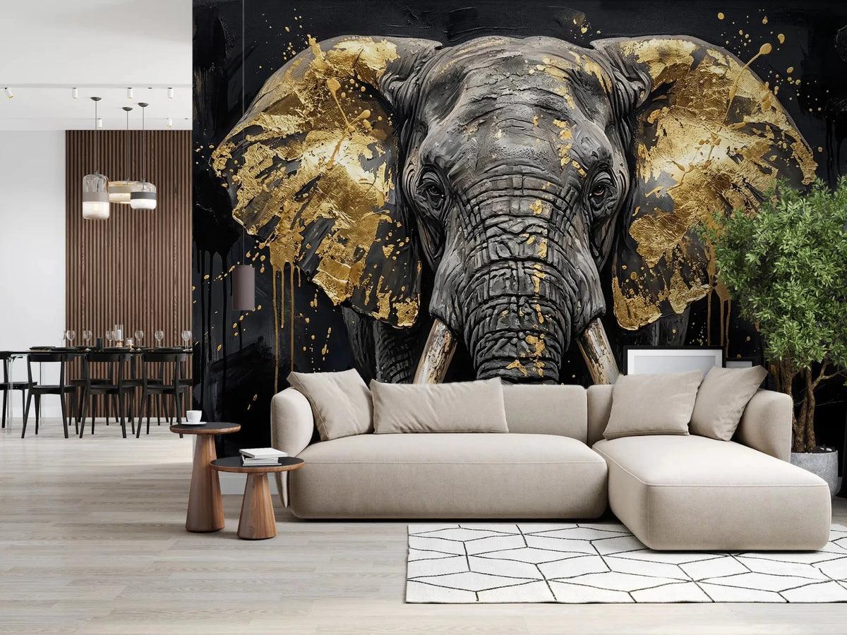 Living room with Golden Elephant wall mural in black gold tones, GD9128