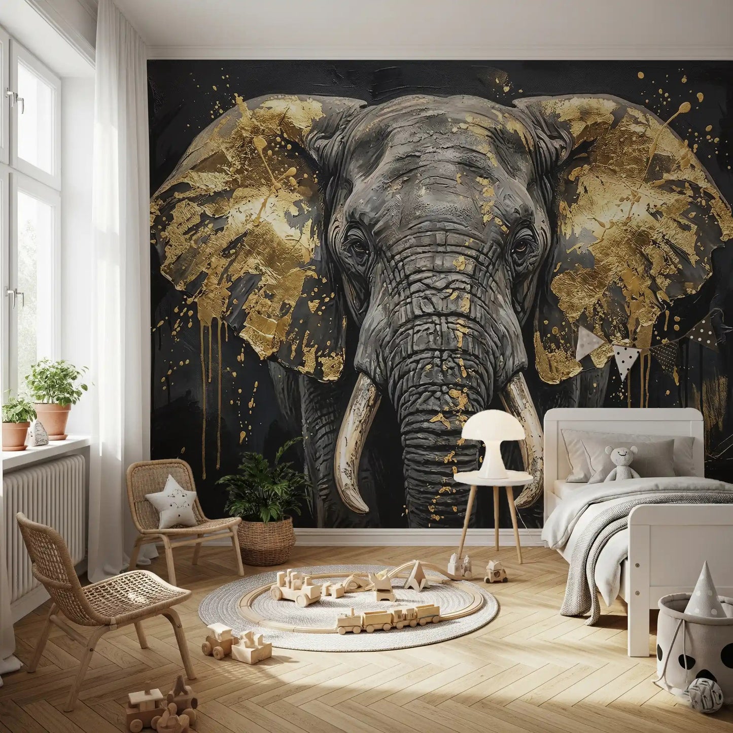 Artistic Golden Elephant wall mural with modern paint effect