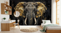Bedroom with Golden Elephant wall mural in dark tones