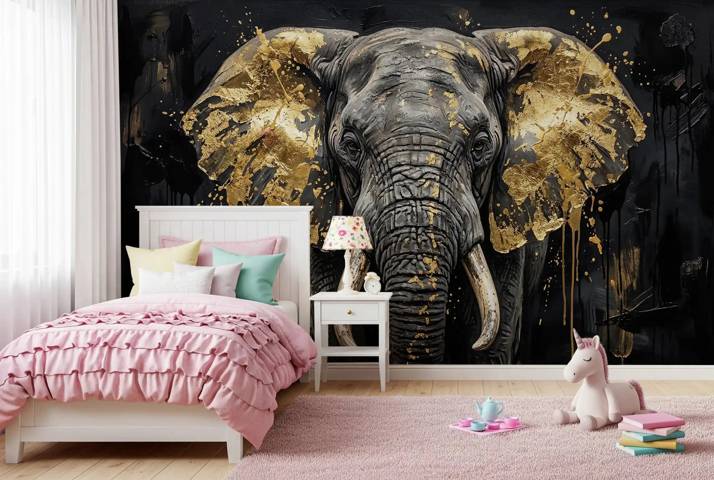 Close-up Golden Elephant wall mural with strong contrast