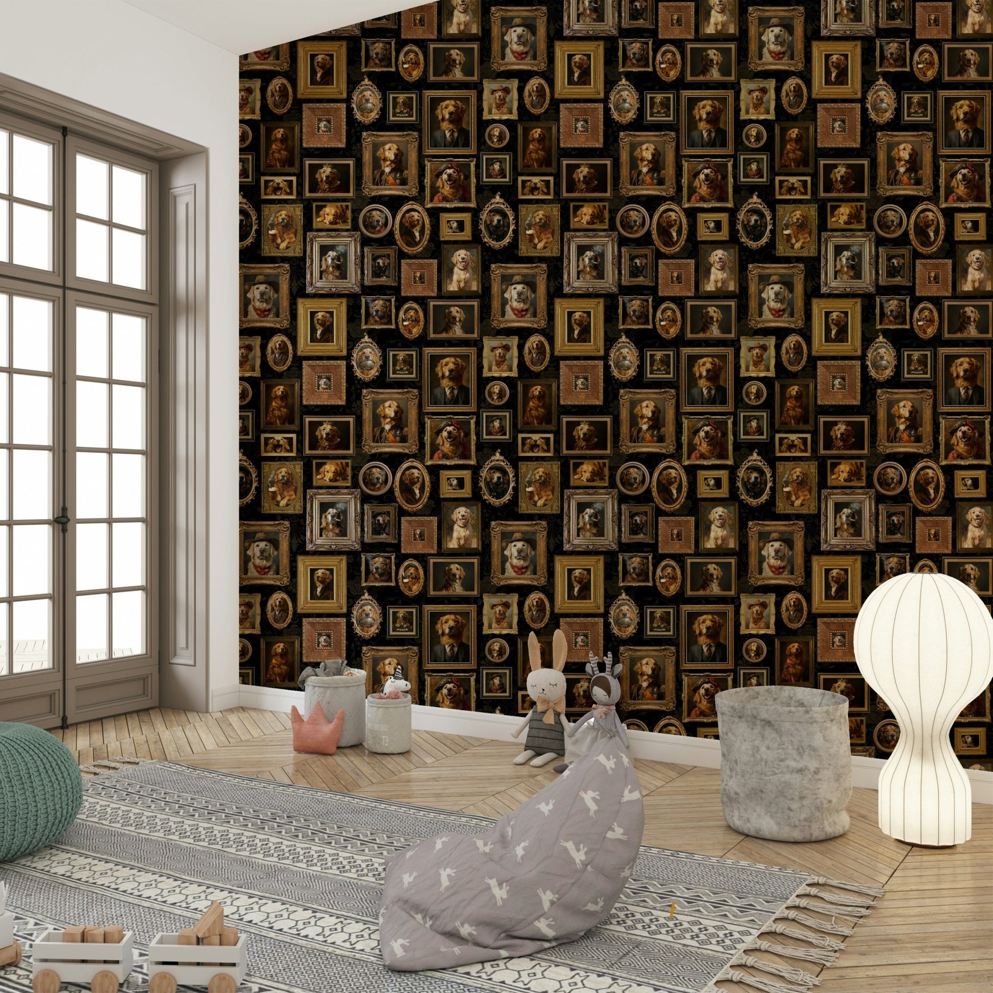 Wall decor evoking historical portraiture with canine subjects.

