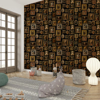 Wall decor evoking historical portraiture with canine subjects.

