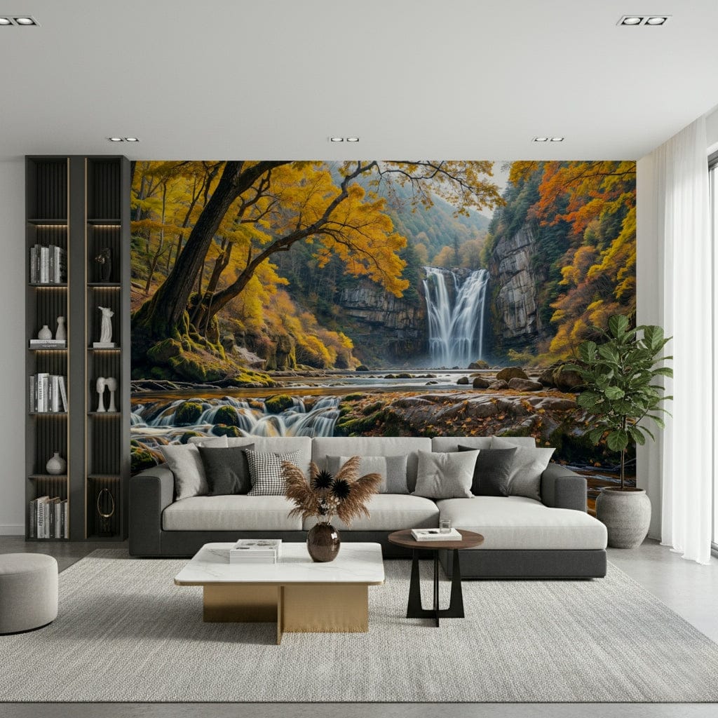 Golden Falls Wall Mural in a minimalist living room with wooden furniture