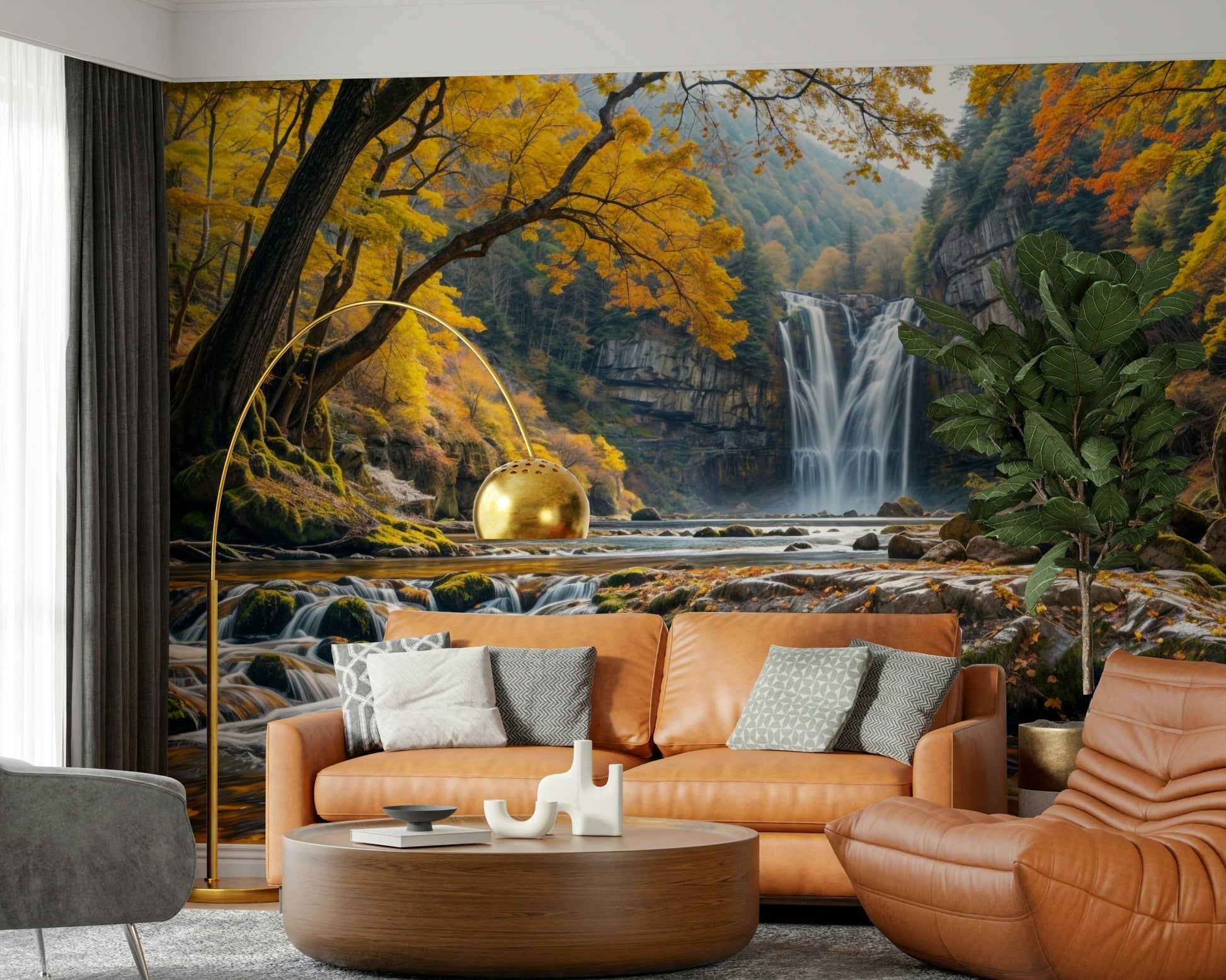 Artistic waterfall wall mural with warm lighting for a hallway