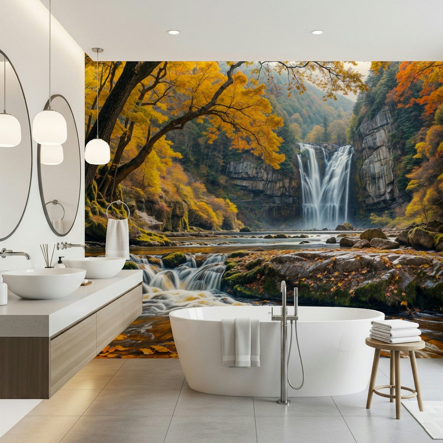 Golden Falls Wall Mural with metallic accents in a stylish apartment