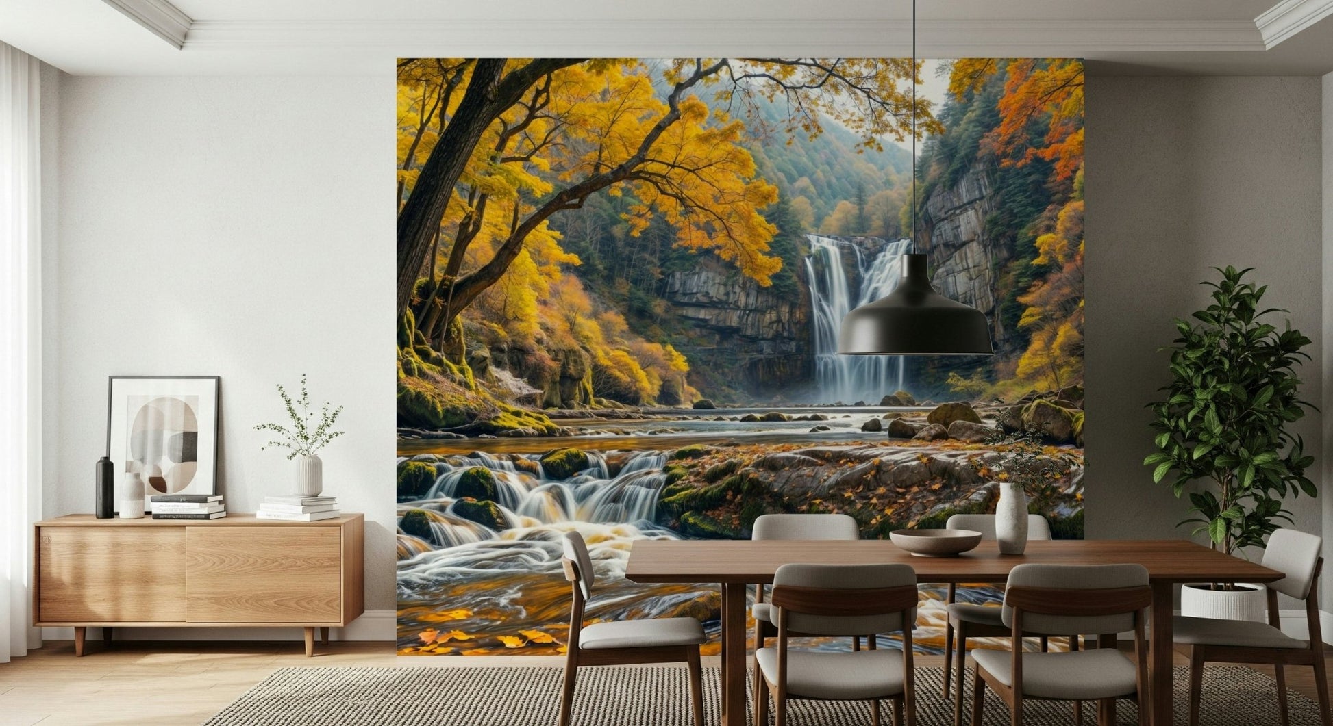 Amber toned landscape wallpaper in a bright dining area