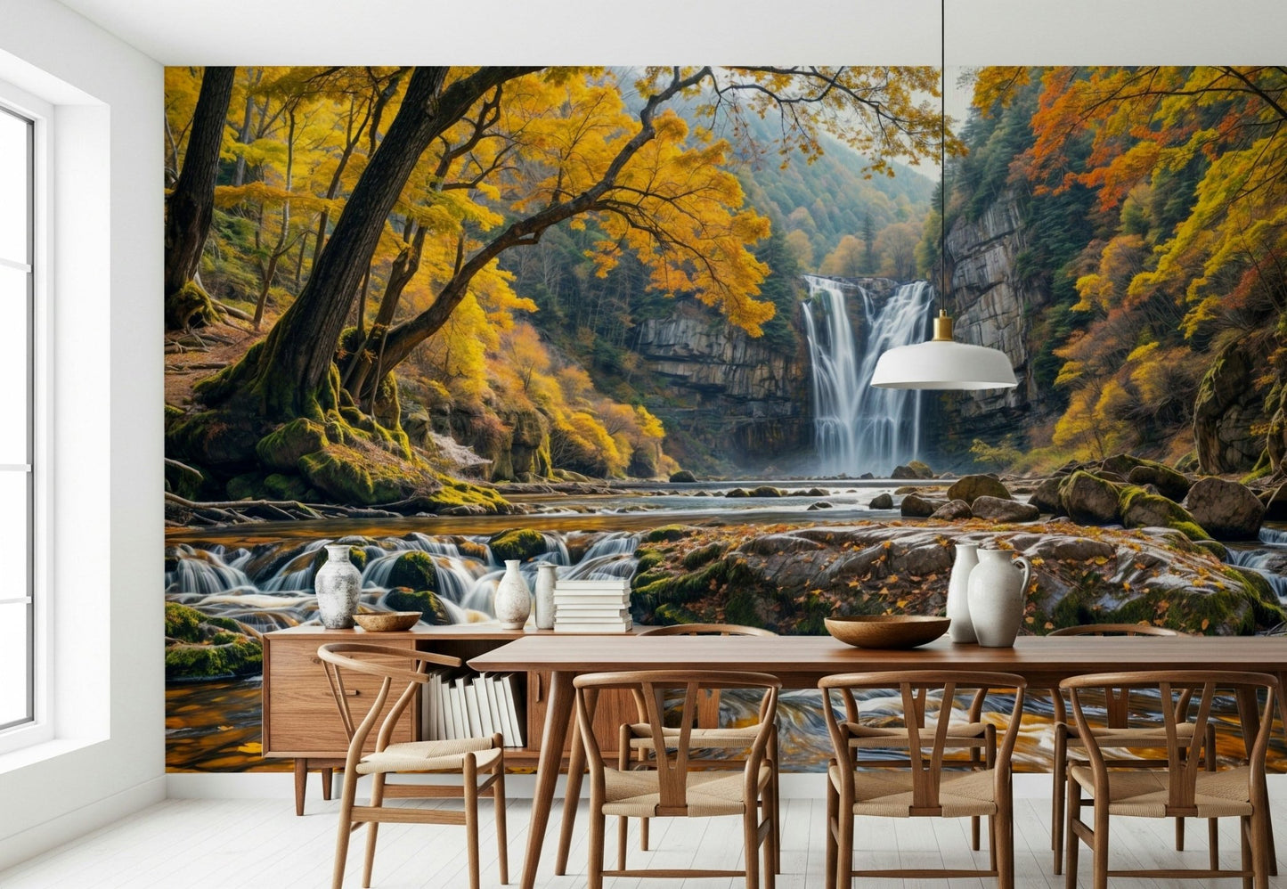 Neutral toned Golden Falls Wall Mural for a modern flat interior