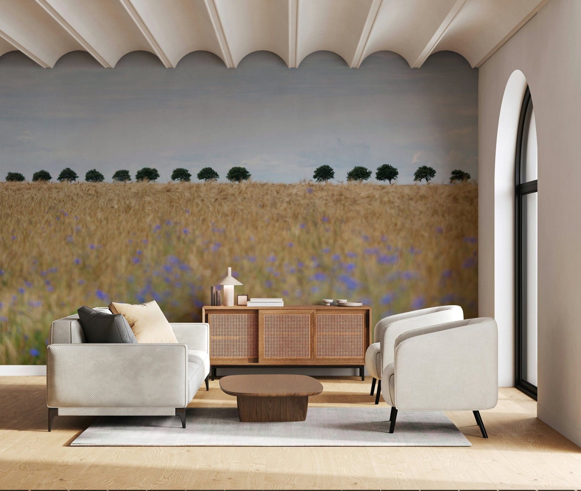 A contemplative golden light wallpaper mural for a feature wall.