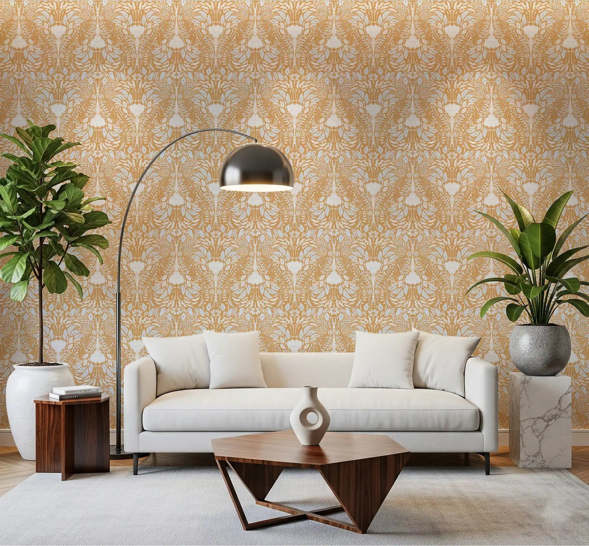 Lounge finished in the golden folk floral wallpaper at full height
⁠GD9505