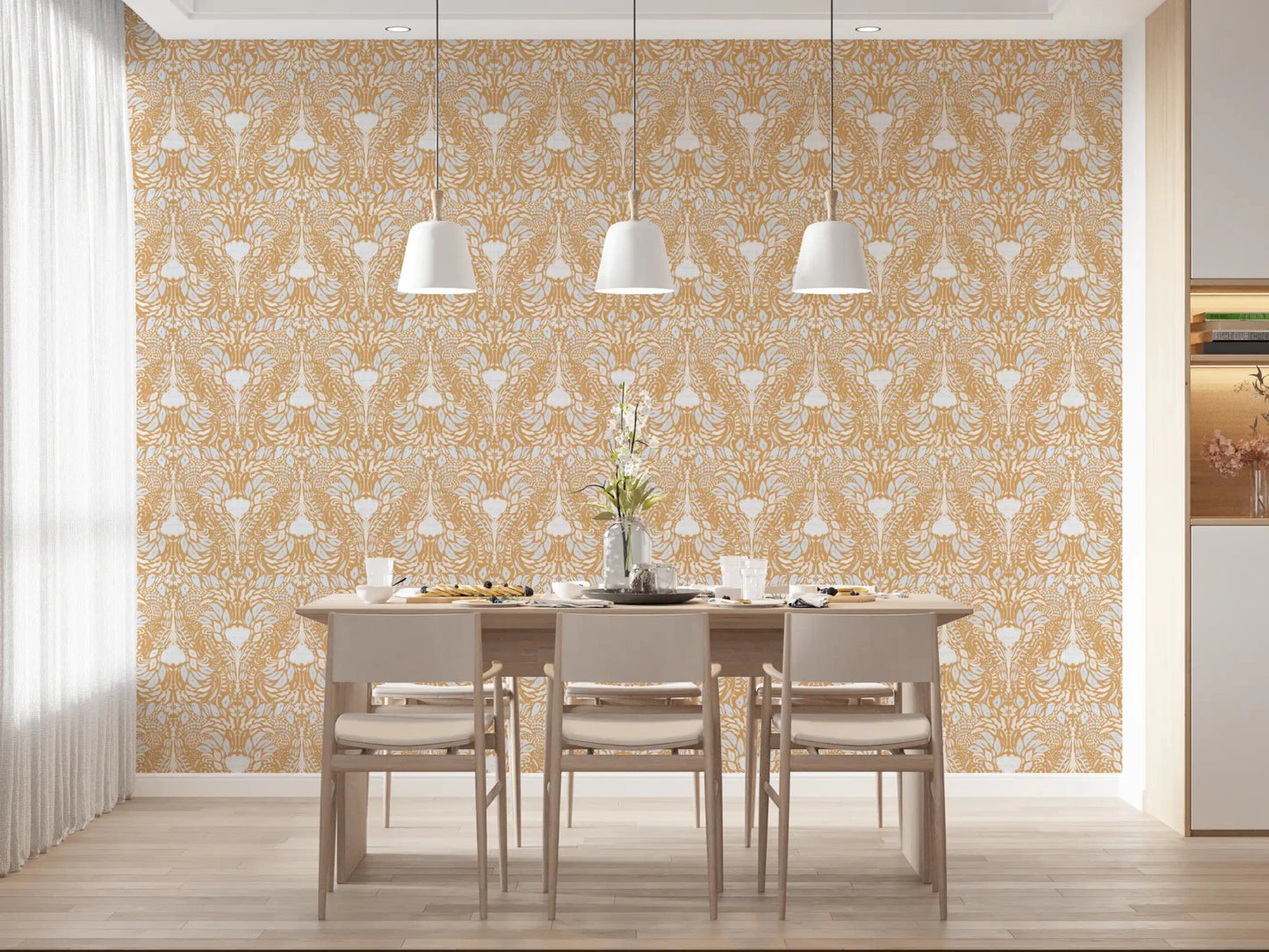 Pale blossoms repeat over a warm yellow ground on this folk wallpaper
GD9505