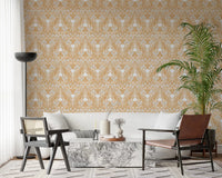 living room  the cheerful folk damask golden folk floral symmetry wallpaperGD9505