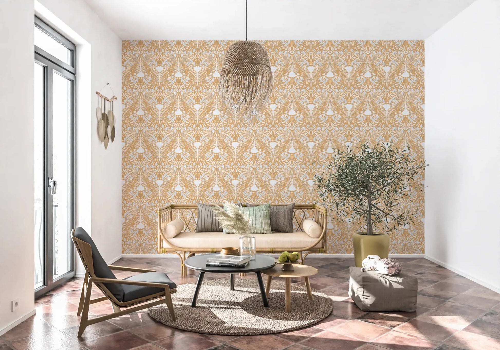 Mirrored damask layout holds the symmetry of this golden floral wallpaper
GD9505