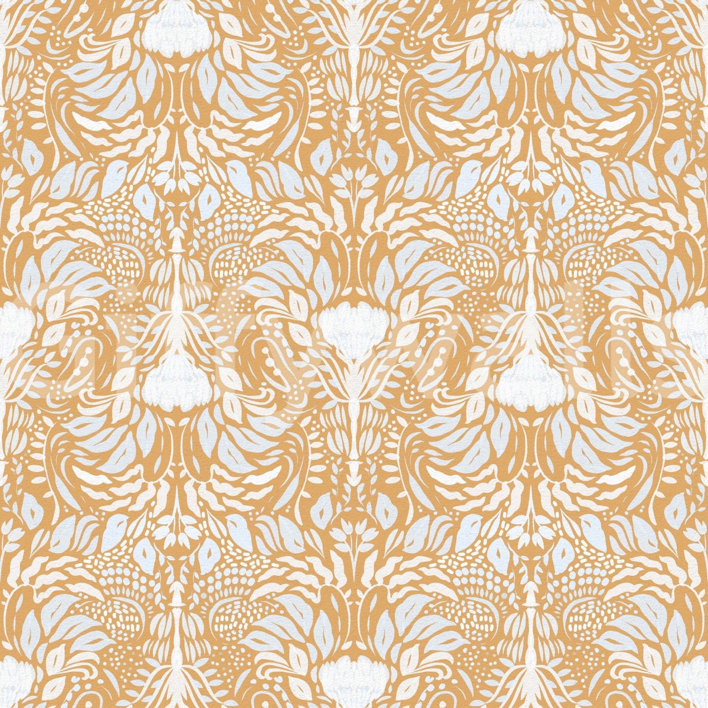 Soft ivory-blue motifs sit on a sunny golden field across the wallpaper
GD9505