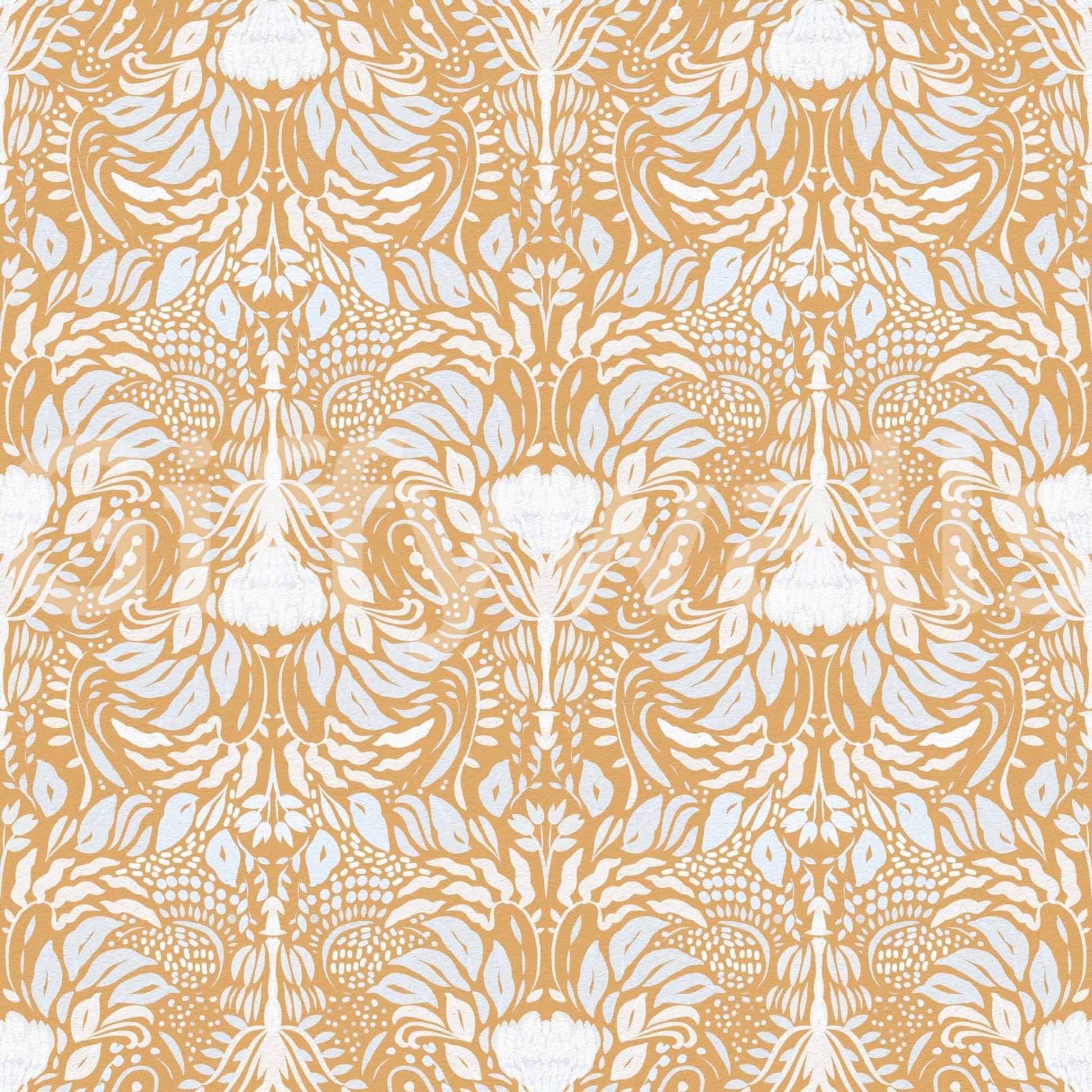 Soft ivory-blue motifs sit on a sunny golden field across the wallpaper
GD9505