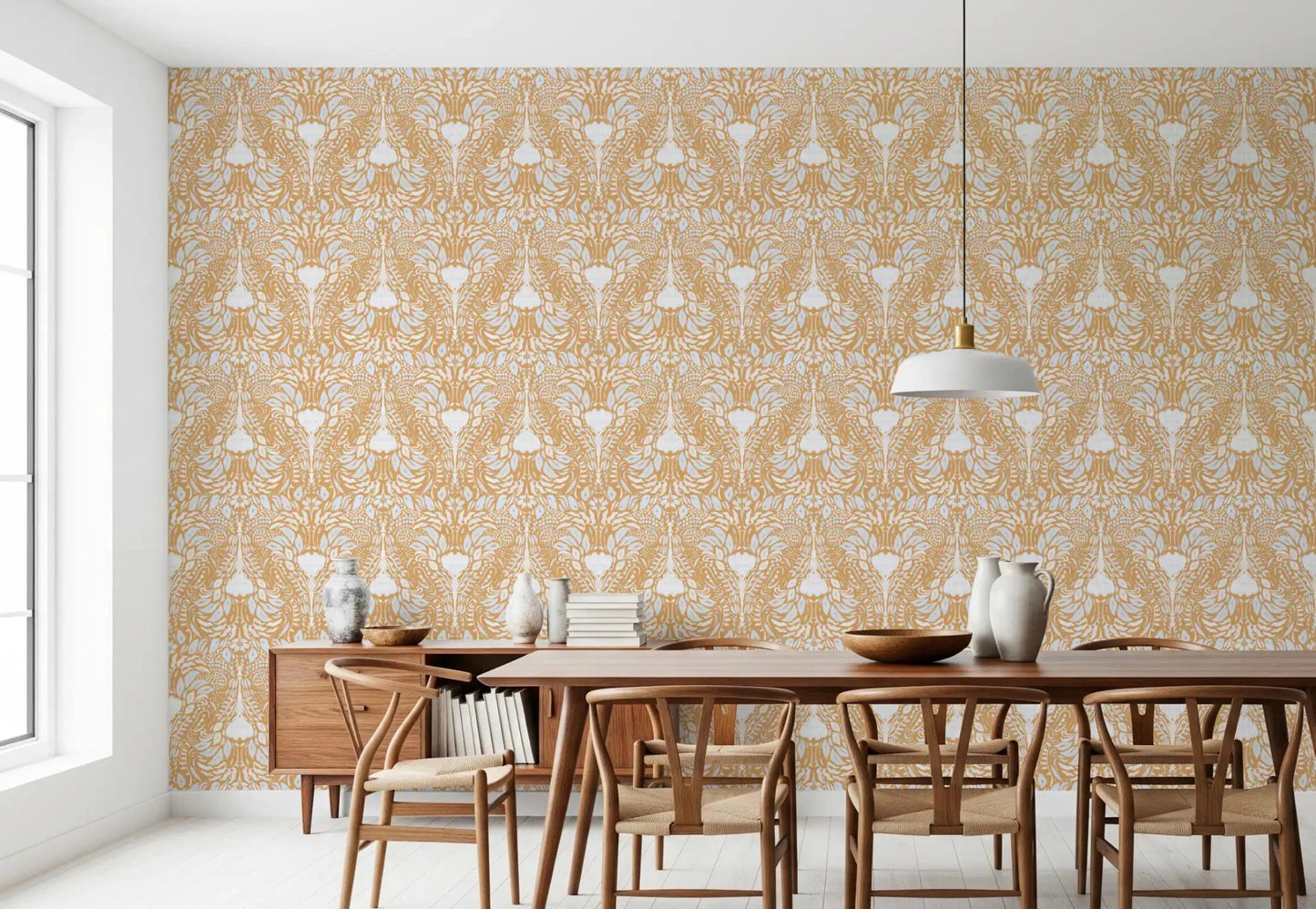 Dining room holds the Golden Folk Floral wallpaper in a soft mirrored layout
r⁠GD9505