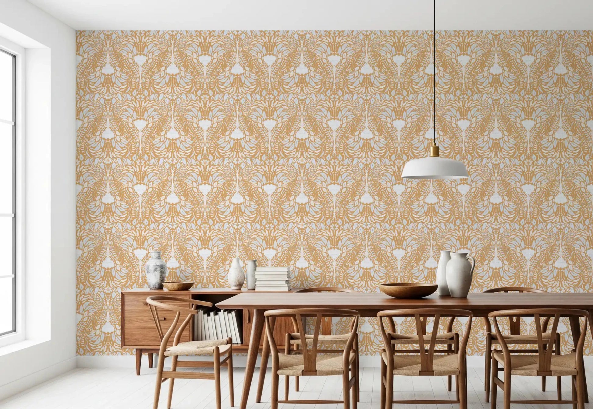 Dining room holds the Golden Folk Floral wallpaper in a soft mirrored layout
r⁠GD9505