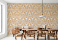 Dining room holds the Golden Folk Floral wallpaper in a soft mirrored layout
r⁠GD9505