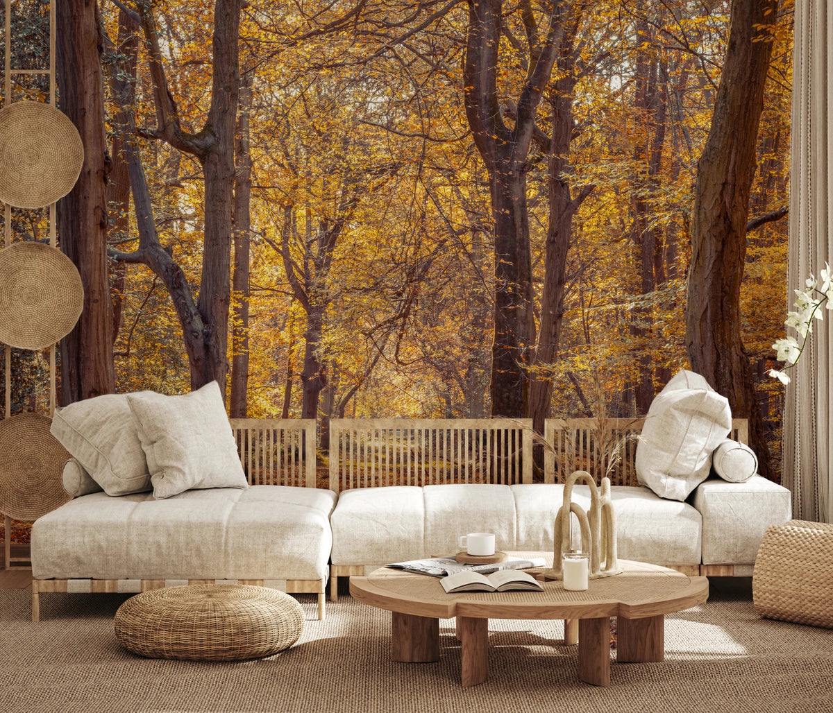 Boho living room with Golden Forest Scene Wall Mural behind a cream sofa, GD8850