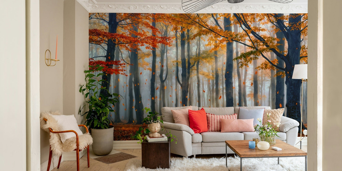 A peaceful wall mural of a quiet forest in autumn.

