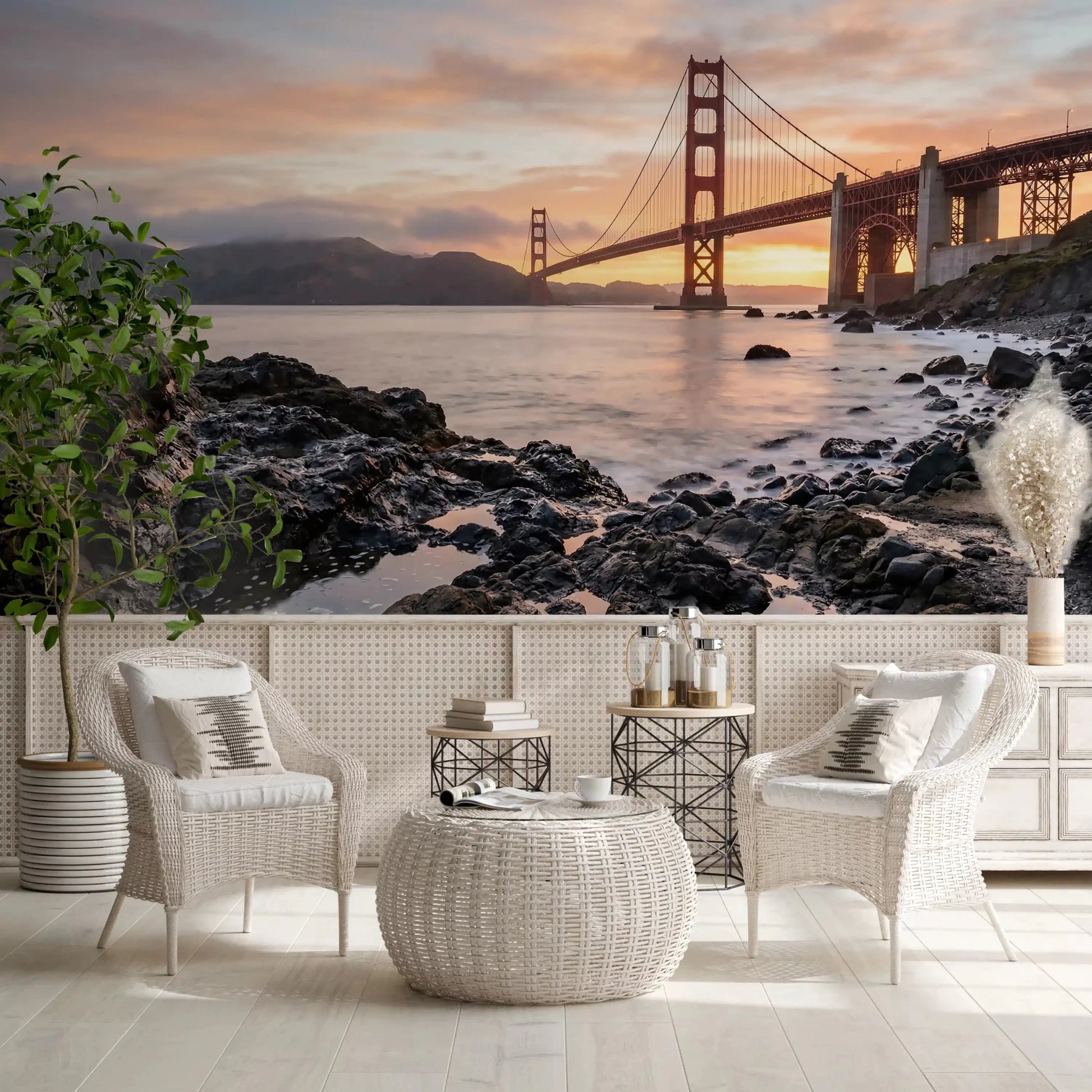Red bridge towers rise above tide pools in this Golden Gate sunset wall mural.
GD9532
