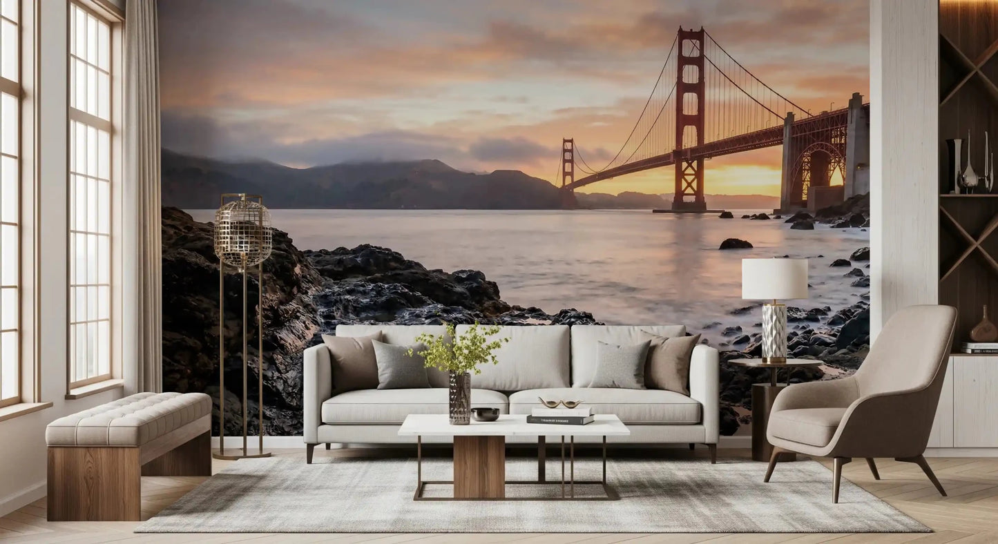 Rocky foreground meets glowing horizon across this Golden Gate sunset wall mural.GD9532