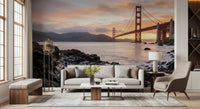 Rocky foreground meets glowing horizon across this Golden Gate sunset wall mural.GD9532