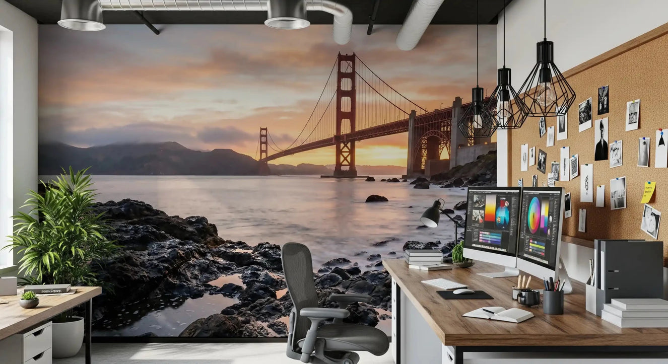 Soft horizon tones spread home office work area  in this Golden Gate sunset wall mural.GD9532