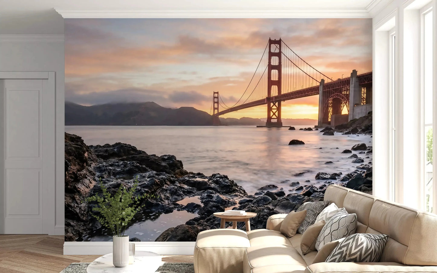 Pink and peach cloud bands ride above the bridge on this Golden Gate wall mural.GD9532