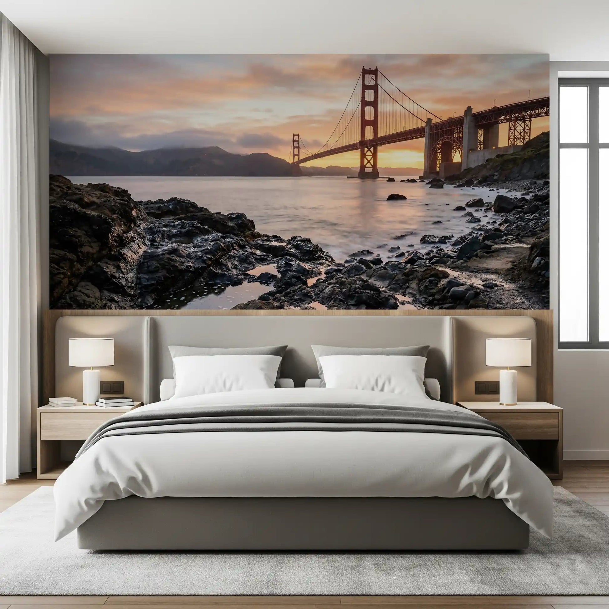 Warm peach skies wrap the bedroom in Golden Gate Bridge sunset wall mural detail.GD9532