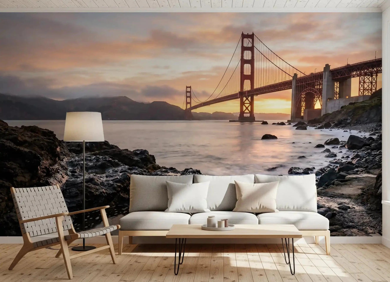 Sunset glow over the Golden Gate Bridge anchors the living room through this wall mural.
GD9532