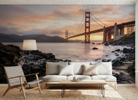 Sunset glow over the Golden Gate Bridge anchors the living room through this wall mural.
GD9532