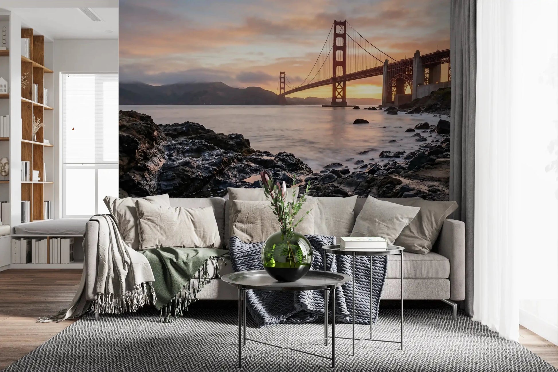 Calm bay water and bridge towers fill the living room through a Golden Gate wall mural.GD9532