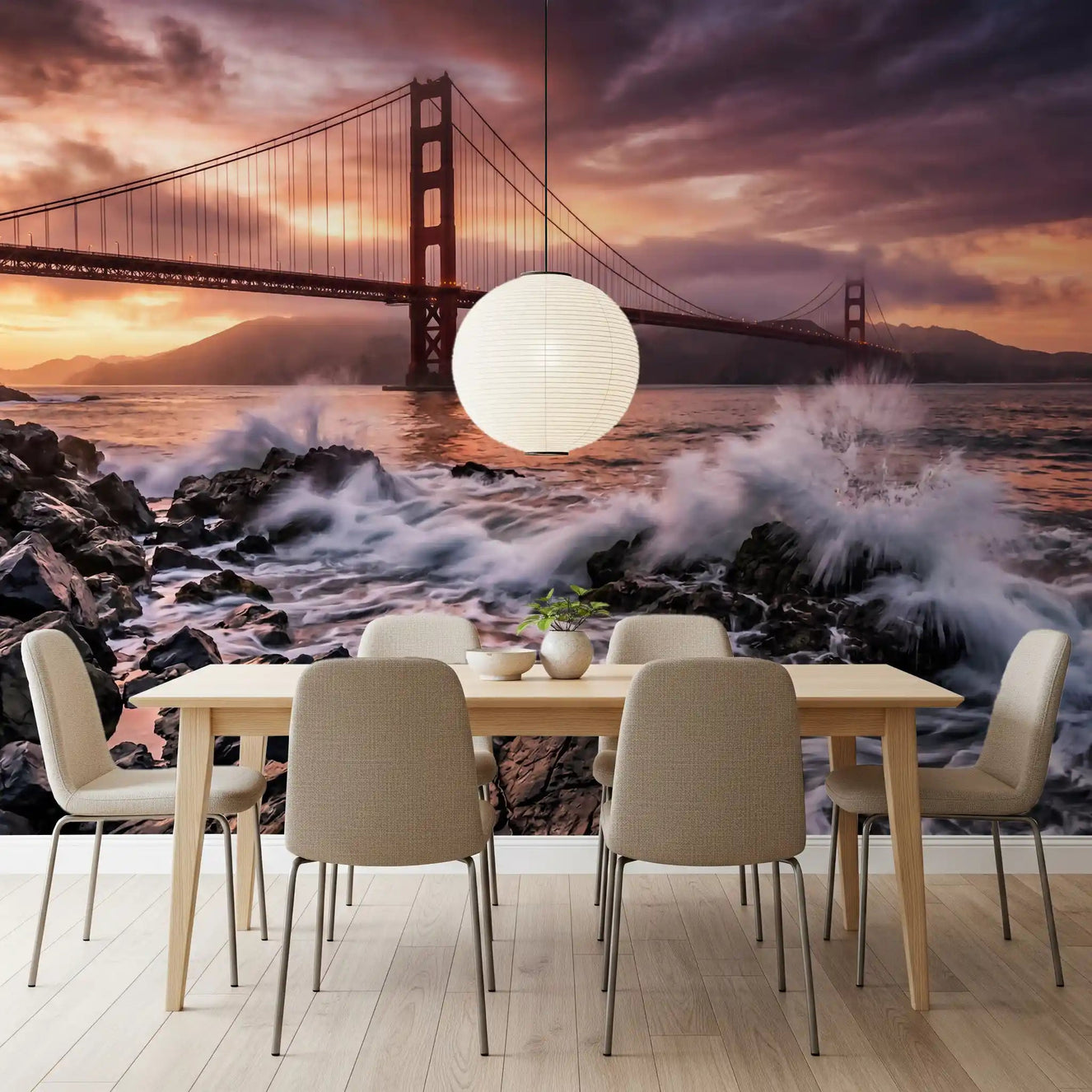 Dining room setup with Golden Gate Sunset Serenade wall mural coastal scene