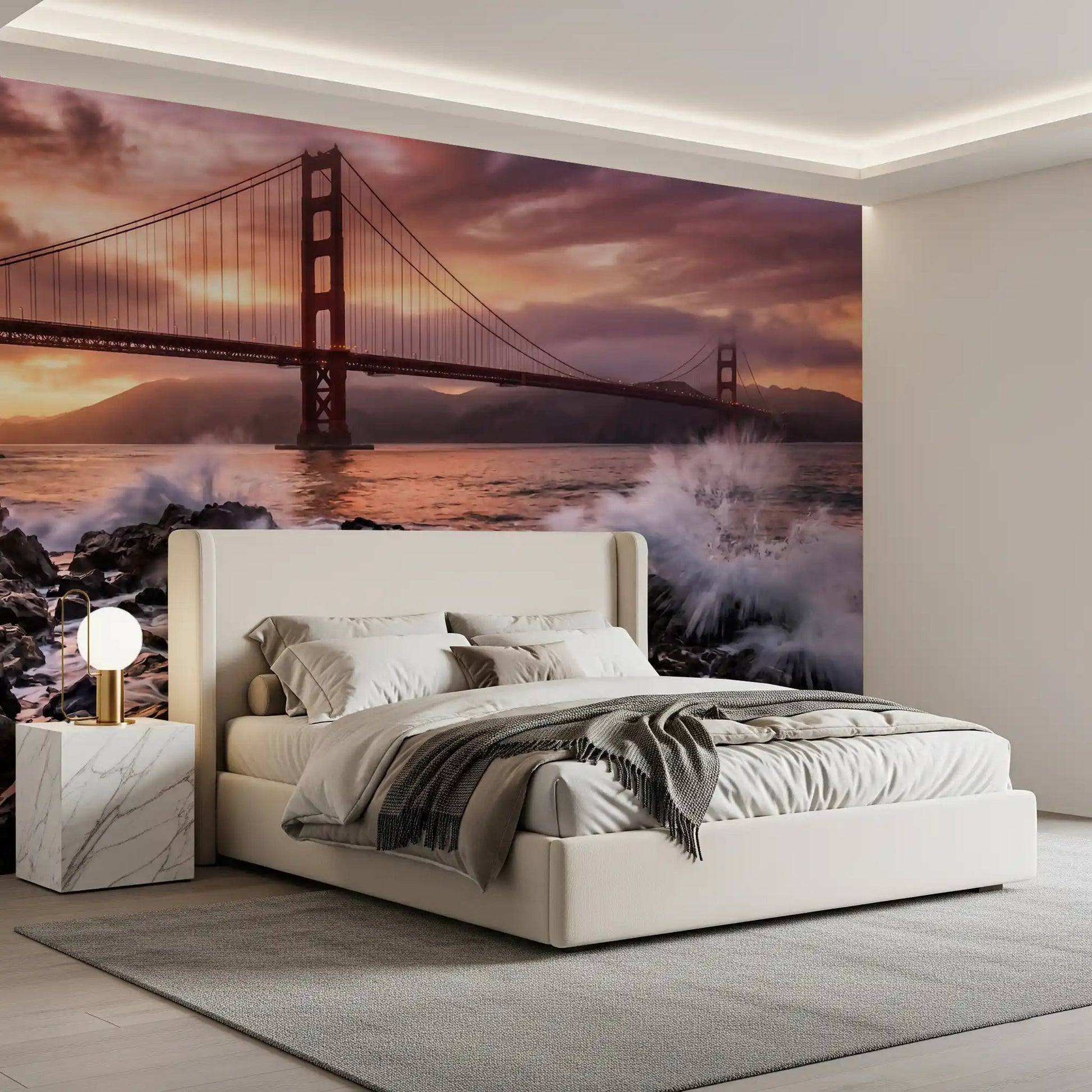 Golden Gate Sunset Serenade wall mural featuring rocky shore and ocean, GD9255