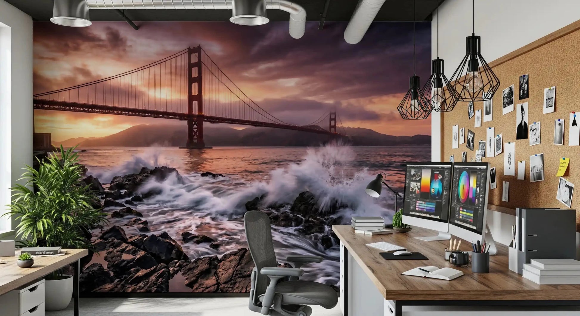Golden Gate Sunset Serenade wall mural with detailed wave motion and rocks, GD9255