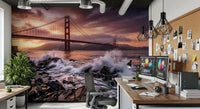 Golden Gate Sunset Serenade wall mural with detailed wave motion and rocks, GD9255