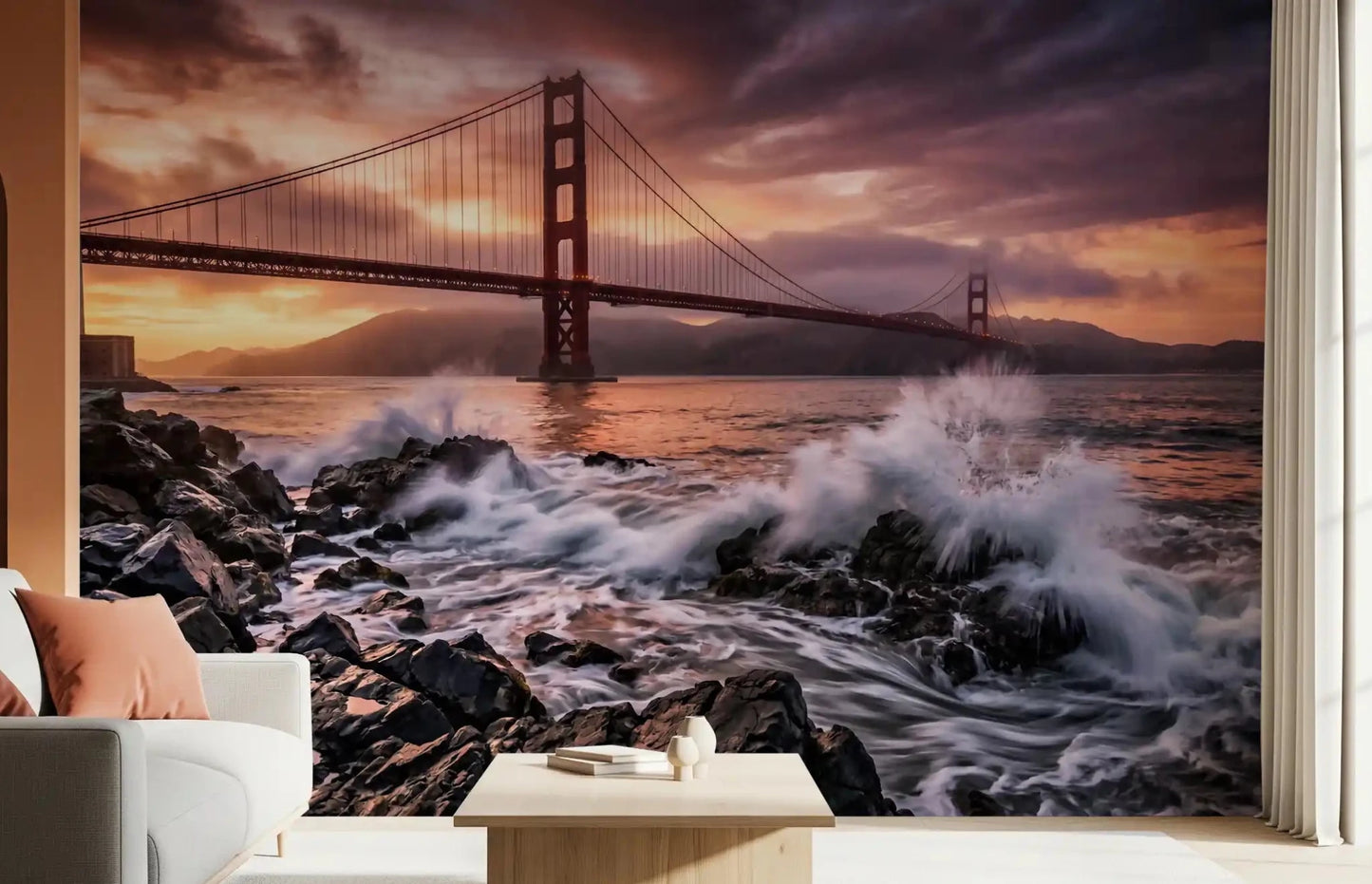 Hallway design using Golden Gate Sunset Serenade wall mural and sunset sky, GD9255